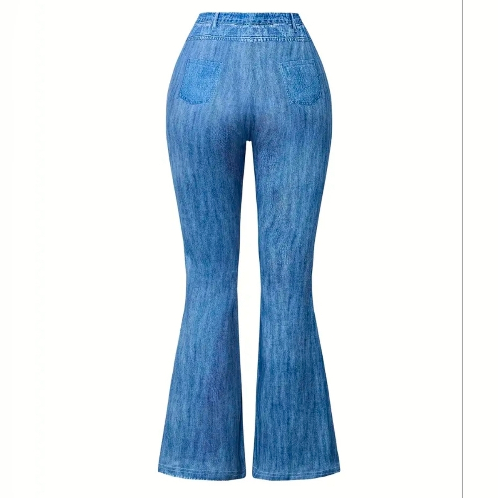 Blue Floral Print Flared Jeans Imitation Denim - Sz Medium - Picture 2 of 7